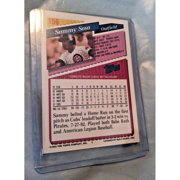 1993 Topps - #156 Sammy Sosa - Picture 2 of 2